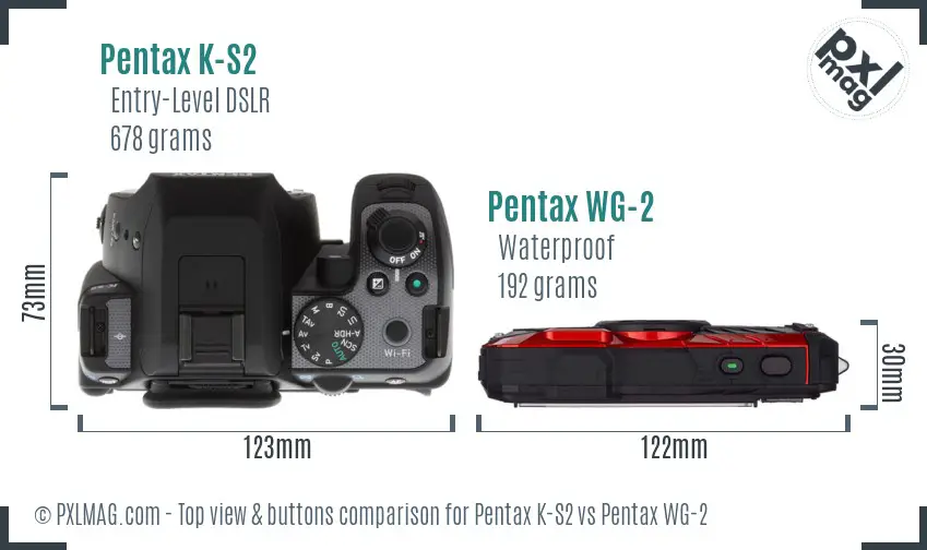 Pentax K-S2 vs Pentax WG-2 top view buttons comparison