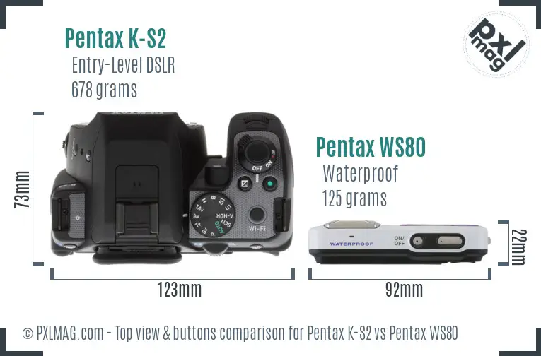 Pentax K-S2 vs Pentax WS80 top view buttons comparison