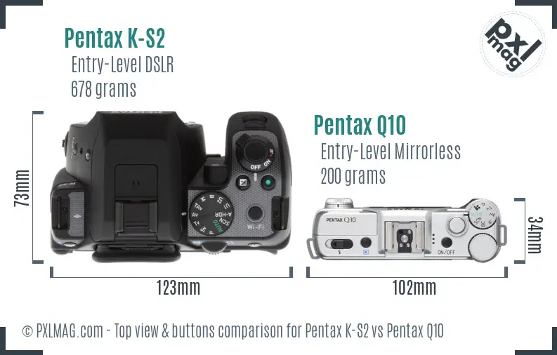 Pentax K-S2 vs Pentax Q10 top view buttons comparison