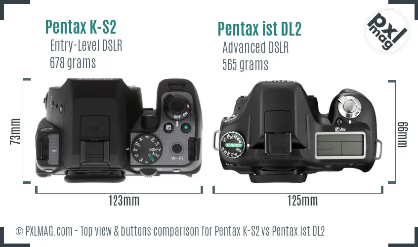 Pentax K-S2 vs Pentax ist DL2 top view buttons comparison