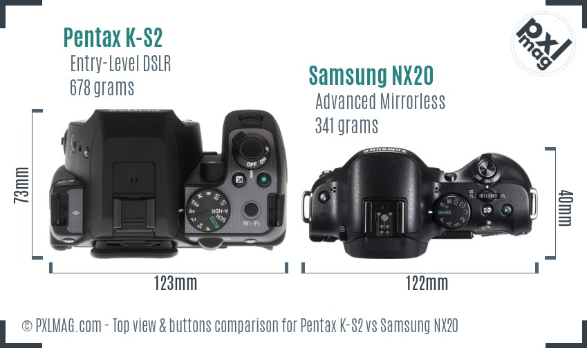 Pentax K-S2 vs Samsung NX20 top view buttons comparison