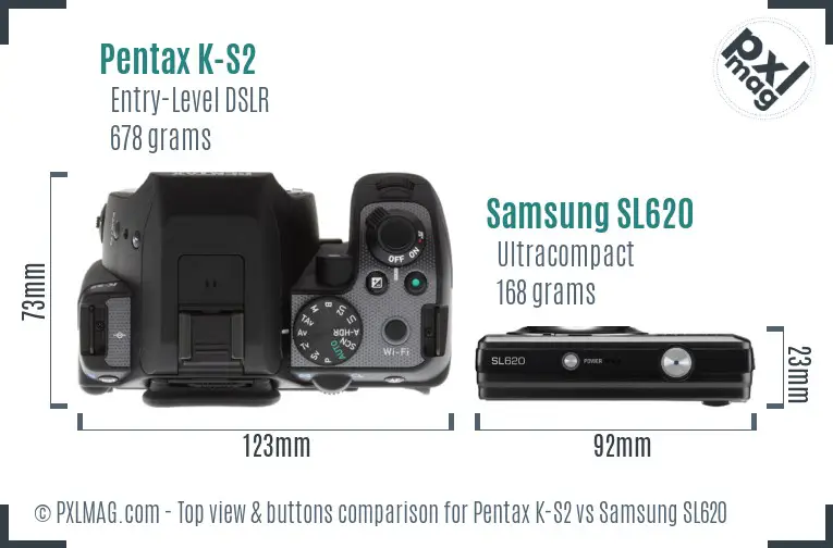 Pentax K-S2 vs Samsung SL620 top view buttons comparison