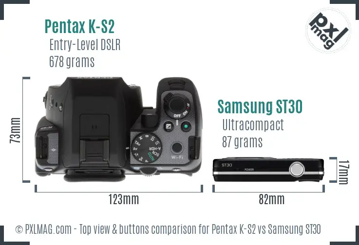 Pentax K-S2 vs Samsung ST30 top view buttons comparison