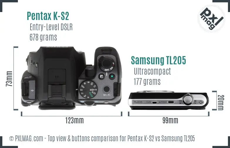 Pentax K-S2 vs Samsung TL205 top view buttons comparison