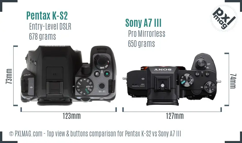 Pentax K-S2 vs Sony A7 III top view buttons comparison Pentax K-S2 vs Sony A7 III top view buttons comparison