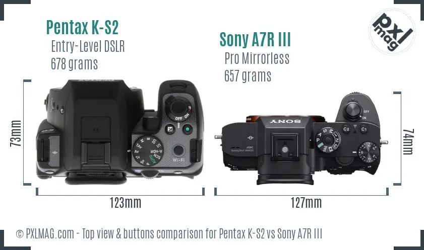 Pentax K-S2 vs Sony A7R III top view buttons comparison