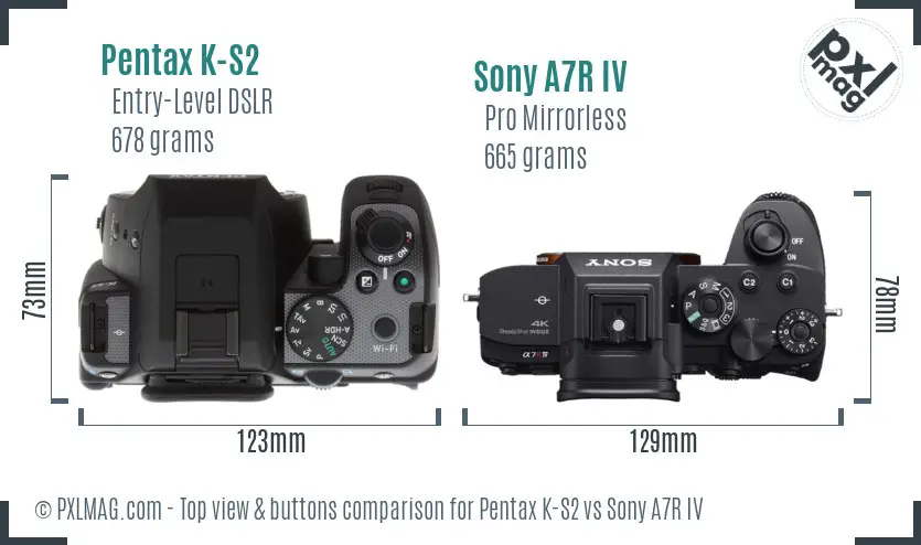 Pentax K-S2 vs Sony A7R IV top view buttons comparison