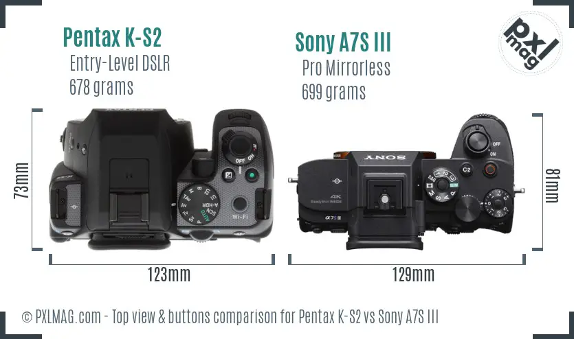 Pentax K-S2 vs Sony A7S III top view buttons comparison