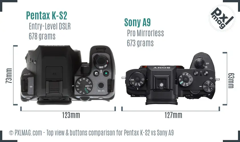 Pentax K-S2 vs Sony A9 top view buttons comparison