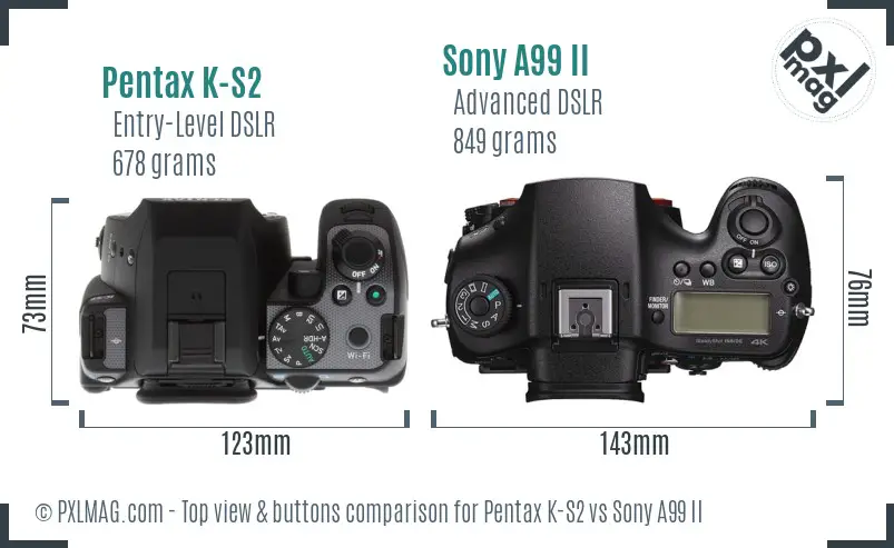 Pentax K-S2 vs Sony A99 II top view buttons comparison