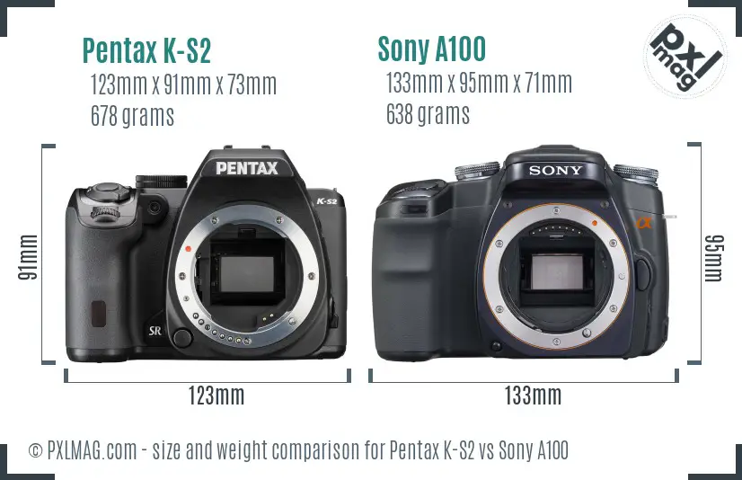 Pentax K-S2 vs Sony A100 size comparison