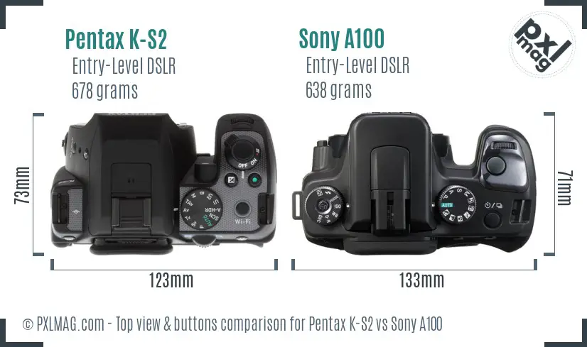 Pentax K-S2 vs Sony A100 top view buttons comparison