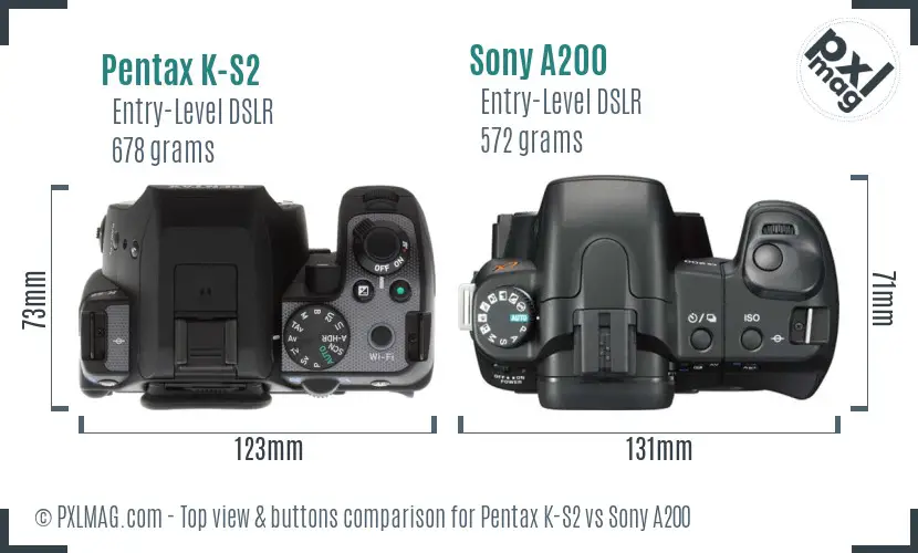 Pentax K-S2 vs Sony A200 top view buttons comparison