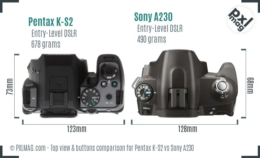 Pentax K-S2 vs Sony A230 top view buttons comparison