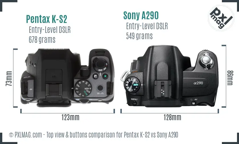 Pentax K-S2 vs Sony A290 top view buttons comparison