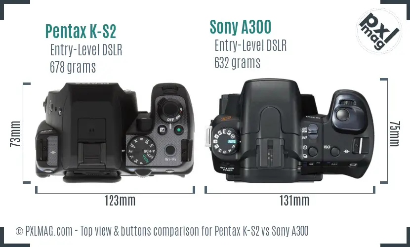 Pentax K-S2 vs Sony A300 top view buttons comparison