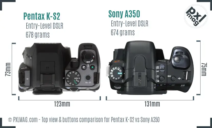 Pentax K-S2 vs Sony A350 top view buttons comparison