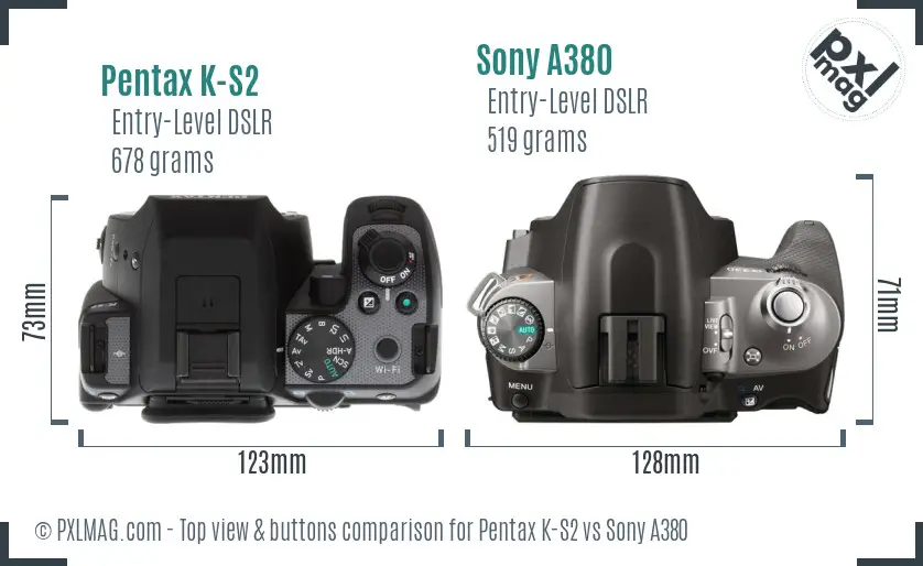 Pentax K-S2 vs Sony A380 top view buttons comparison