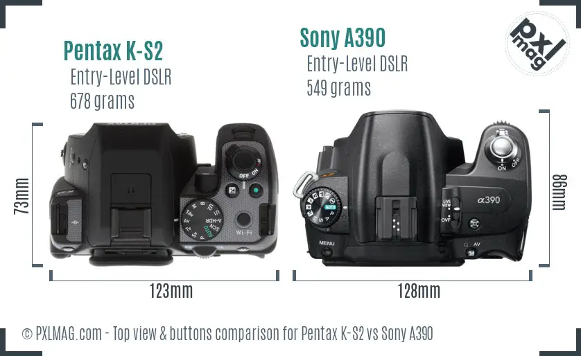 Pentax K-S2 vs Sony A390 top view buttons comparison