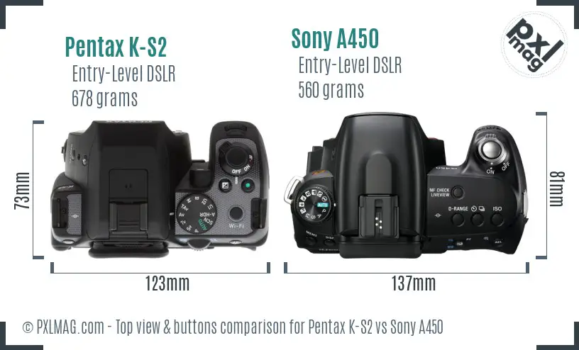 Pentax K-S2 vs Sony A450 top view buttons comparison