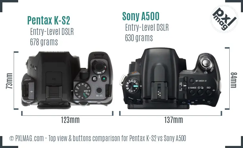 Pentax K-S2 vs Sony A500 top view buttons comparison