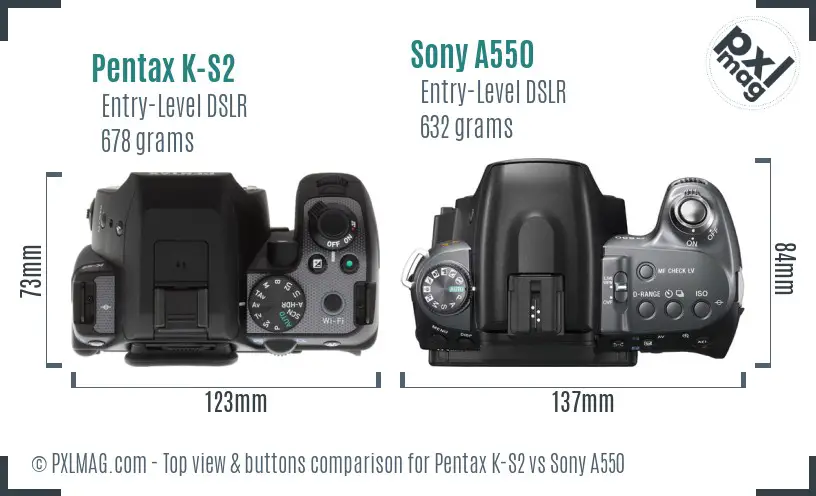 Pentax K-S2 vs Sony A550 top view buttons comparison