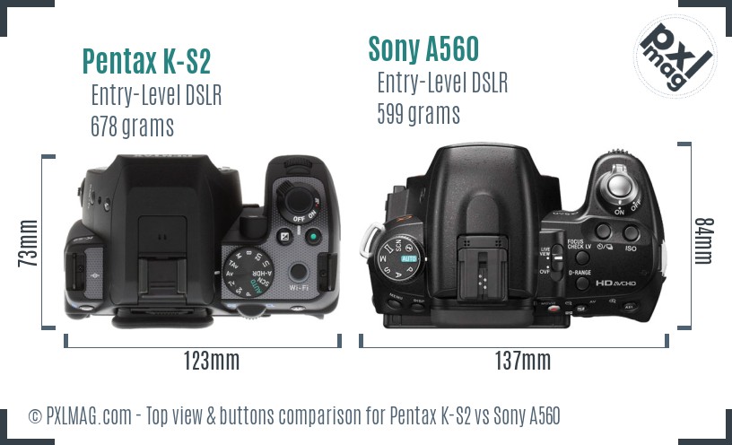 Pentax K-S2 vs Sony A560 top view buttons comparison