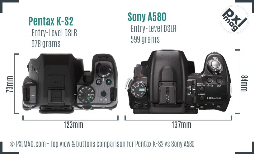 Pentax K-S2 vs Sony A580 top view buttons comparison