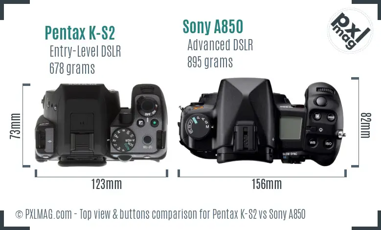 Pentax K-S2 vs Sony A850 top view buttons comparison