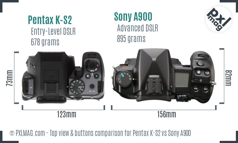 Pentax K-S2 vs Sony A900 top view buttons comparison
