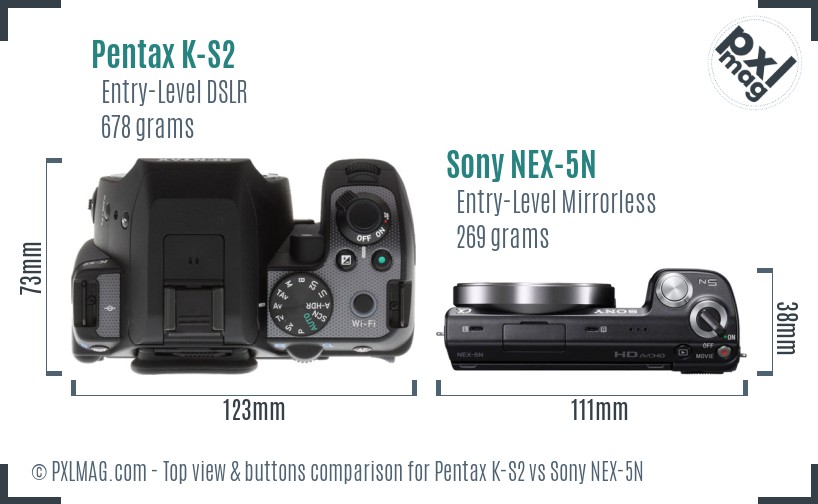 Pentax K-S2 vs Sony NEX-5N top view buttons comparison