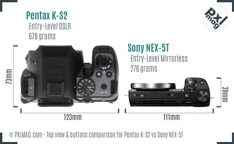 Pentax K-S2 vs Sony NEX-5T top view buttons comparison