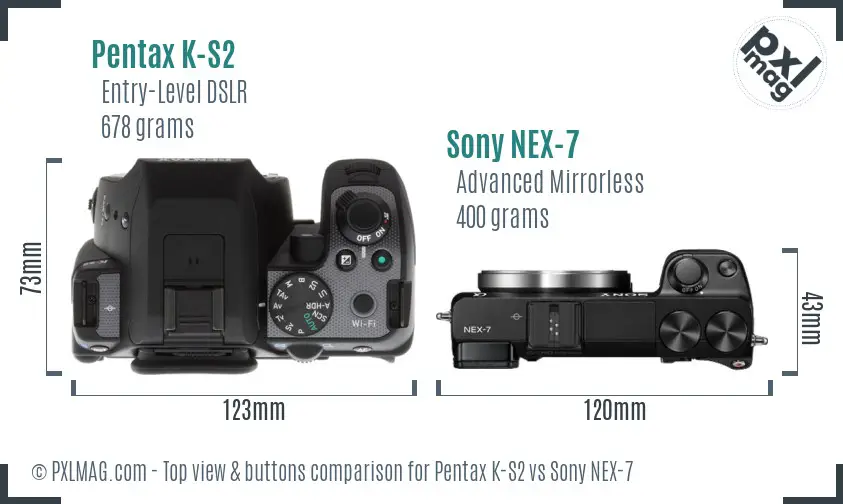 Pentax K-S2 vs Sony NEX-7 top view buttons comparison Pentax K-S2 vs Sony NEX-7 top view buttons comparison