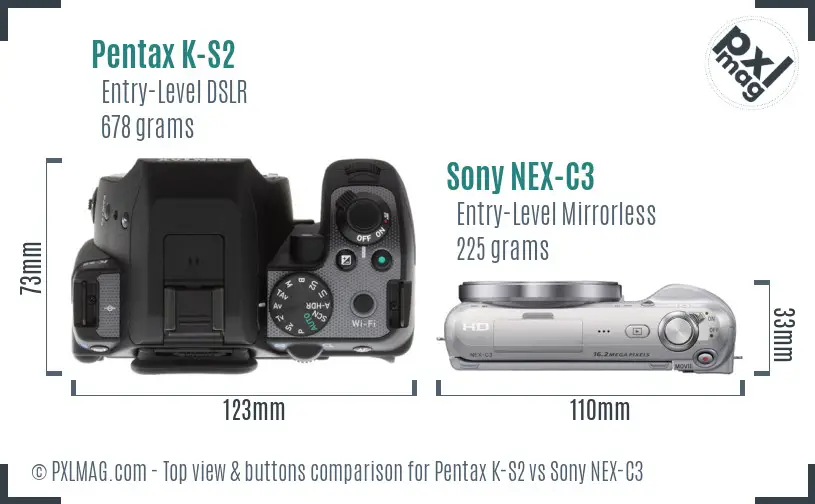 Pentax K-S2 vs Sony NEX-C3 top view buttons comparison Pentax K-S2 vs Sony NEX-C3 top view buttons comparison
