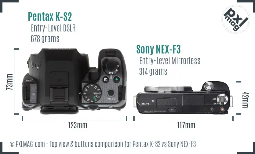 Pentax K-S2 vs Sony NEX-F3 top view buttons comparison