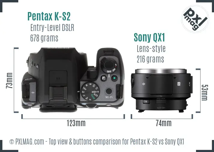 Pentax K-S2 vs Sony QX1 top view buttons comparison Pentax K-S2 vs Sony QX1 top view buttons comparison
