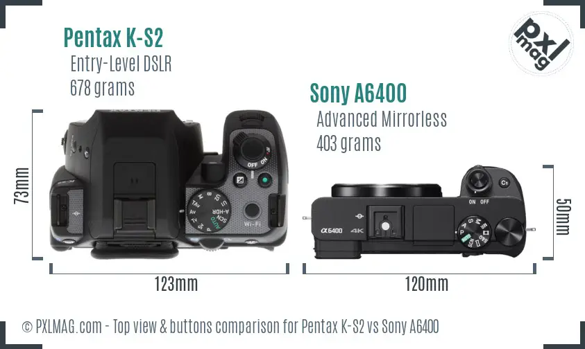 Pentax K-S2 vs Sony A6400 top view buttons comparison