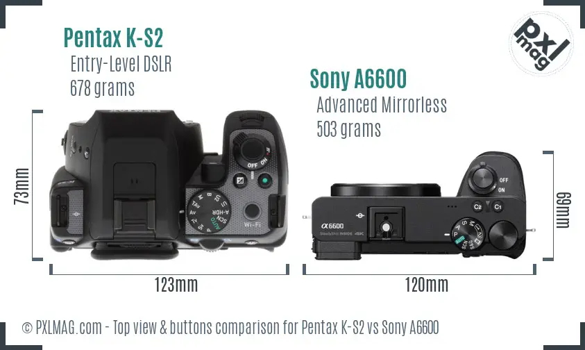 Pentax K-S2 vs Sony A6600 top view buttons comparison