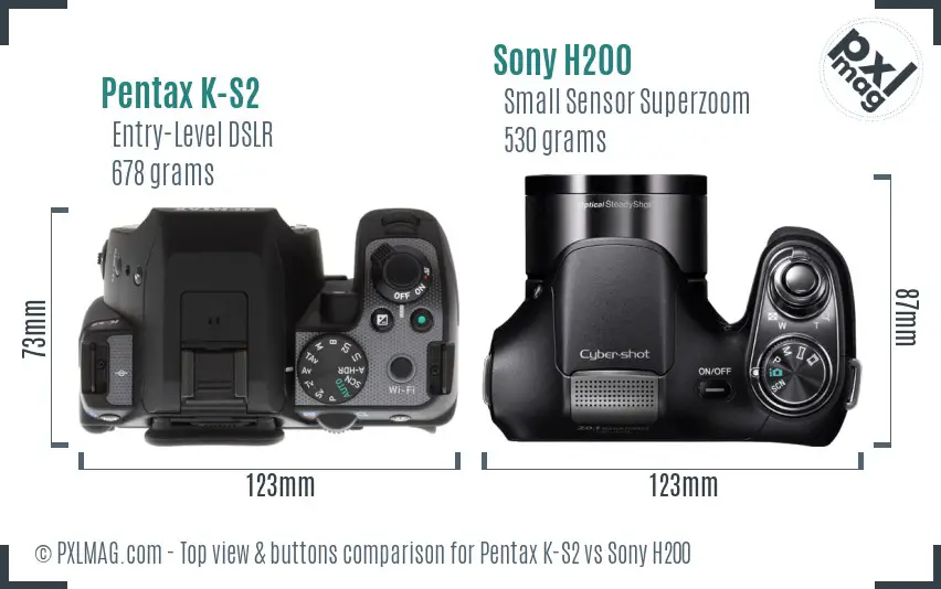 Pentax K-S2 vs Sony H200 top view buttons comparison Pentax K-S2 vs Sony H200 top view buttons comparison