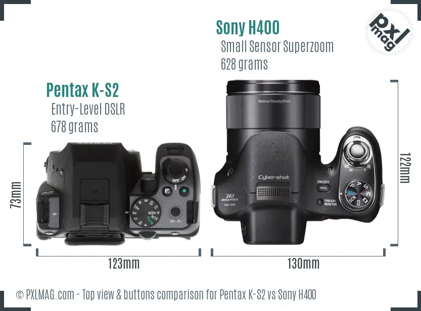 Pentax K-S2 vs Sony H400 top view buttons comparison Pentax K-S2 vs Sony H400 top view buttons comparison