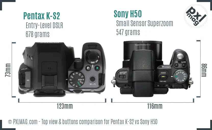 Pentax K-S2 vs Sony H50 top view buttons comparison