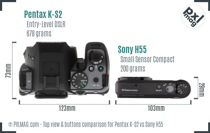 Pentax K-S2 vs Sony H55 top view buttons comparison