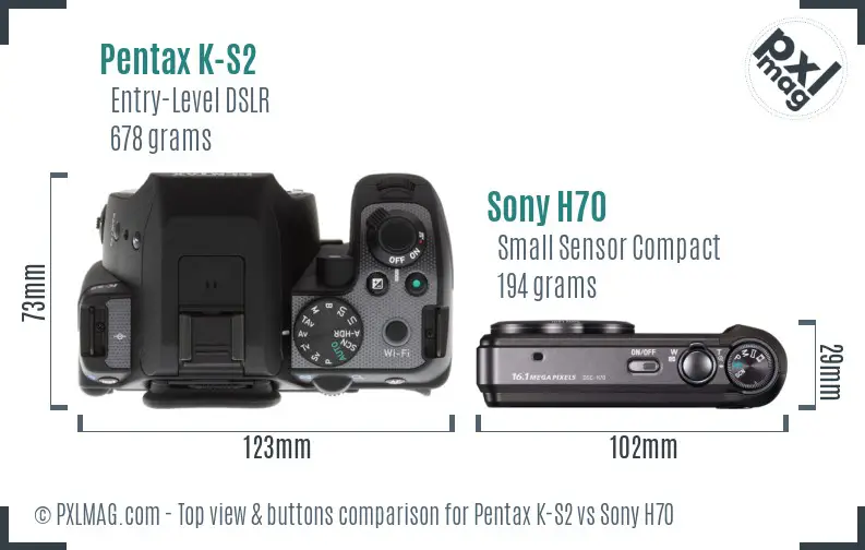 Pentax K-S2 vs Sony H70 top view buttons comparison