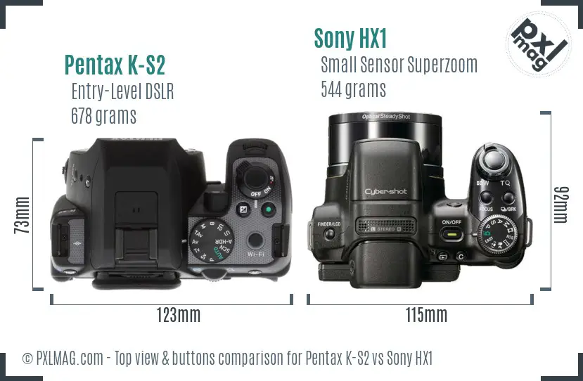 Pentax K-S2 vs Sony HX1 top view buttons comparison