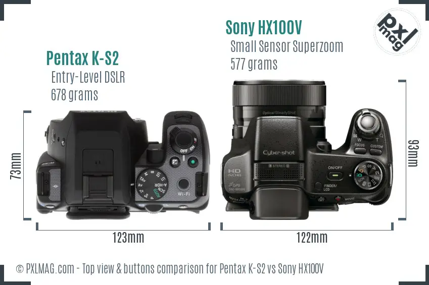 Pentax K-S2 vs Sony HX100V top view buttons comparison Pentax K-S2 vs Sony HX100V top view buttons comparison