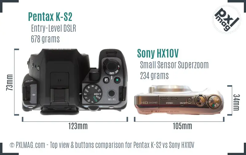 Pentax K-S2 vs Sony HX10V top view buttons comparison Pentax K-S2 vs Sony HX10V top view buttons comparison