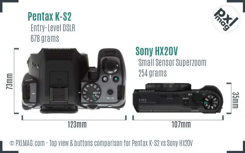 Pentax K-S2 vs Sony HX20V top view buttons comparison