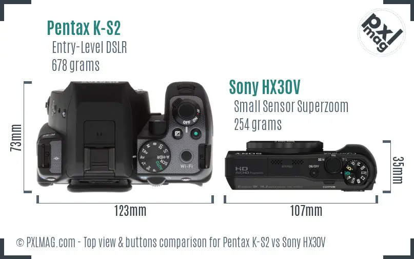 Pentax K-S2 vs Sony HX30V top view buttons comparison