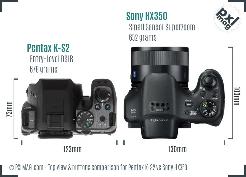 Pentax K-S2 vs Sony HX350 top view buttons comparison