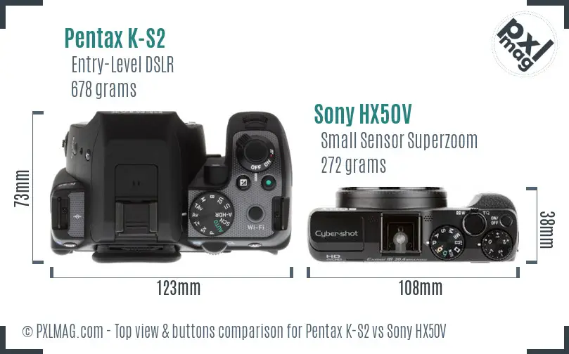 Pentax K-S2 vs Sony HX50V top view buttons comparison Pentax K-S2 vs Sony HX50V top view buttons comparison